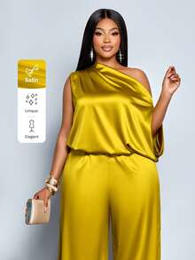 SOLERSUN Plus Size Women's Elegant Solid Color Asymmetric Neck Satin Jumpsuits,Suitable For Christmas Party Vacation & Dating,Fall And Winter,Sleeveless Asymmetrical Shoulder Loose Wide Leg Waist Cinched Long Jumpsuit With Ginger Colored Polyester Fabric, Shoulder Pleats Asymmetrical Cuffs, Lazy And Fashionable Party Clothing,Wedding Guest Jumpsuit,Halloween,