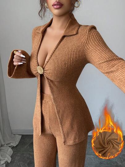 Modelyn Conjunto de 2 piezas de mujer con cardigan de punto con cuello francés y pantalones acanalados y suaves