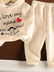 SHEIN 1 Set Baby Girls Casual Cute Slogan, Heart & Girl Graphic Print Hoodie & Sweatpants Set, "I Love My Nana" Outfit, Autumn/Winter - Multicolor - View 3