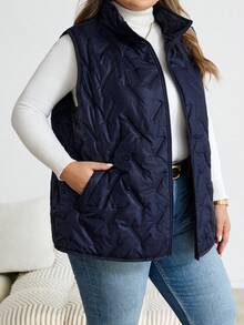 SHEIN CURVE+ معطف كاجوال بدون أكمام مبطن مع جيوب وسحاب أمامي، لون أحادي مناسب للارتداء اليومي في الشتاء للمقاسات الكبيرة