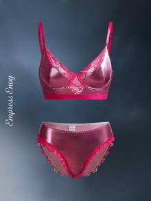 2pcs Coated Glossy Reflective Lace Patchwork Floral Lace Sexy Charming Sparkling Magenta Alluring Punk Club Outfit Party Music Festival Women Lingerie Set Plus Size Bra And Panty Set Plus Size Lingerie 2 Piece Set Curve Lingerie Set Underwire Lingerie Set Bra And Panty Set Curve