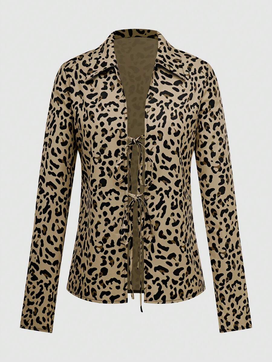 INAWLY Women's Leopard Print Long Sleeve Bowknot Front Blouse, Spring/Summer - Multicolor - View 1