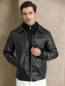 Core Aspect Men's Urban Minimalist Casual Black Leather Long Sleeve Jacket With Woven Texture Zipper, Autumn And Winter Black Jacket, Motorcycle Jacket, Windproof And Warm For Daily Use When Going Out - Black - View 2