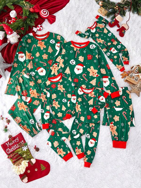 SHEIN 2pcs Kids Tween Boy Casual Everyday Comfortable Christmas Print Pattern Round Neck Loose Pullover Long-Sleeved Pajamas Trousers Sleep Pants Tight Knit Home Clothes Set Two-Piece Set Christmas Pajamas Suitable For Christmas Snug Fit  Christmas Santa Claus & Christmas Tree Graphic Crew Neck Long Sleeve Top And Pants Pajama Set, Green Christmas Loungewear, Suitable For Christmas, Home, Party, Holiday Celebration