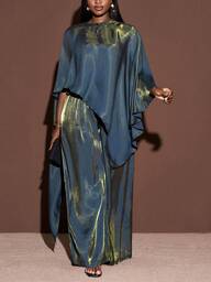 Veslaya 2025 Plus Size Women's Winter Clothing Glossy Fabric Cape Style Top Loose Pants Two Pieces Set, Suitable For Christmas/New Year Clothing/Parties/Women's Elegance/Shiny Two Pieces Set/Women's Thanksgiving Outfit/Formal Dress