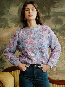 Anewsta Women's New Ditsy Floral Sweater, Multicolor, Sweet & Loose Fit Crew Neck Pullover Sweater, Autumn/Winter