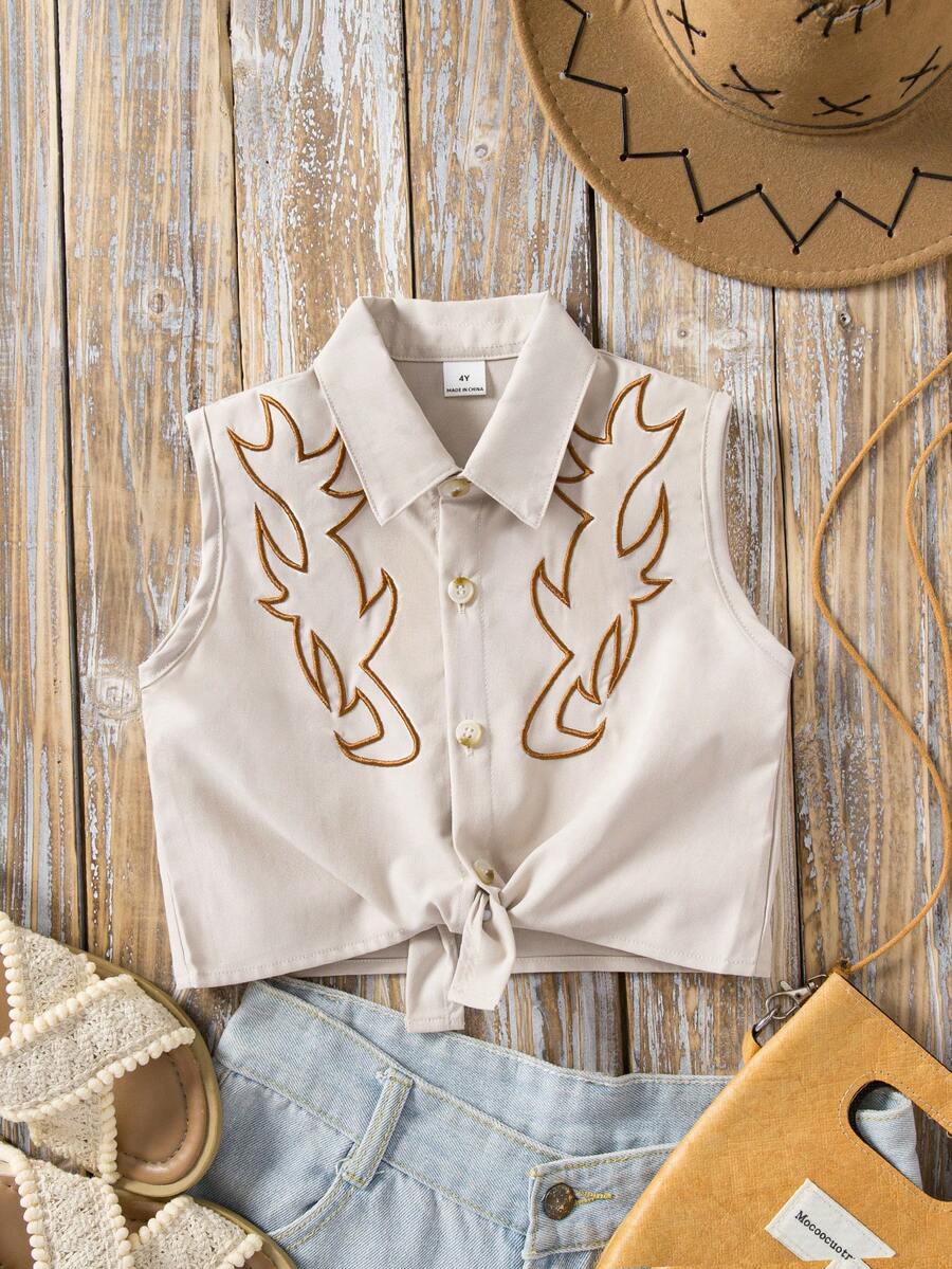 2025 Spring & Summer New Arrival, Western Totem Embroidery With Twist Tie Design Blouse, Fashionable & Versatile For Daily Activities, Outings And Social Events - Apricot - View 1