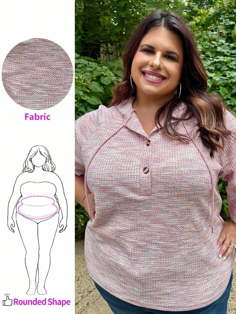 Enliva Moletom Casual Folgado Feminino Plus Size com Capuz, Cordão e Botão em Tecido Waffle, Moletons Femininos de Outono e Inverno, Roupas Natalinas - Multicolorido - Visão 1