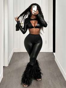 BamGleam Quần vải da PU và lông thú giả co giãn cạp chun màu trơn dành cho nữ - màu đen - Xem 7