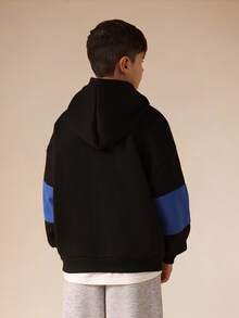 SUMWON Boys Oversized Pullover Hoodie With Color Block Design And Brand Logo Print Vacation - Black - View 2