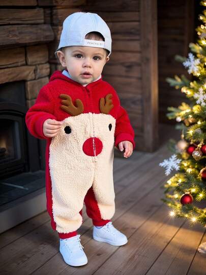 Set di felpa con cappuccio e pantaloni imbottiti con ricamo di renne natalizie e blocchi di colore per bambini, autunno/inverno