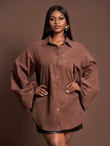 Veslaya 2025新款秋冬女装加大码棕色纹理压花灯笼袖金属纽扣衬衫式连衣裙，适合女士圣诞节/新年/优雅派对/女士优雅着装/日常穿着/宴会/商务女装/机场装/女士感恩节着装 - 棕色 - 查看 3