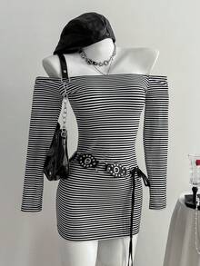 SHEIN Unity Women's Autumn Black & White Striped Knit Ribbed Off Shoulder Long Sleeve Bodycon Mini Dress,Elegant Vintage Chic Outfit For Club Night, Wear - Black and White - View 1