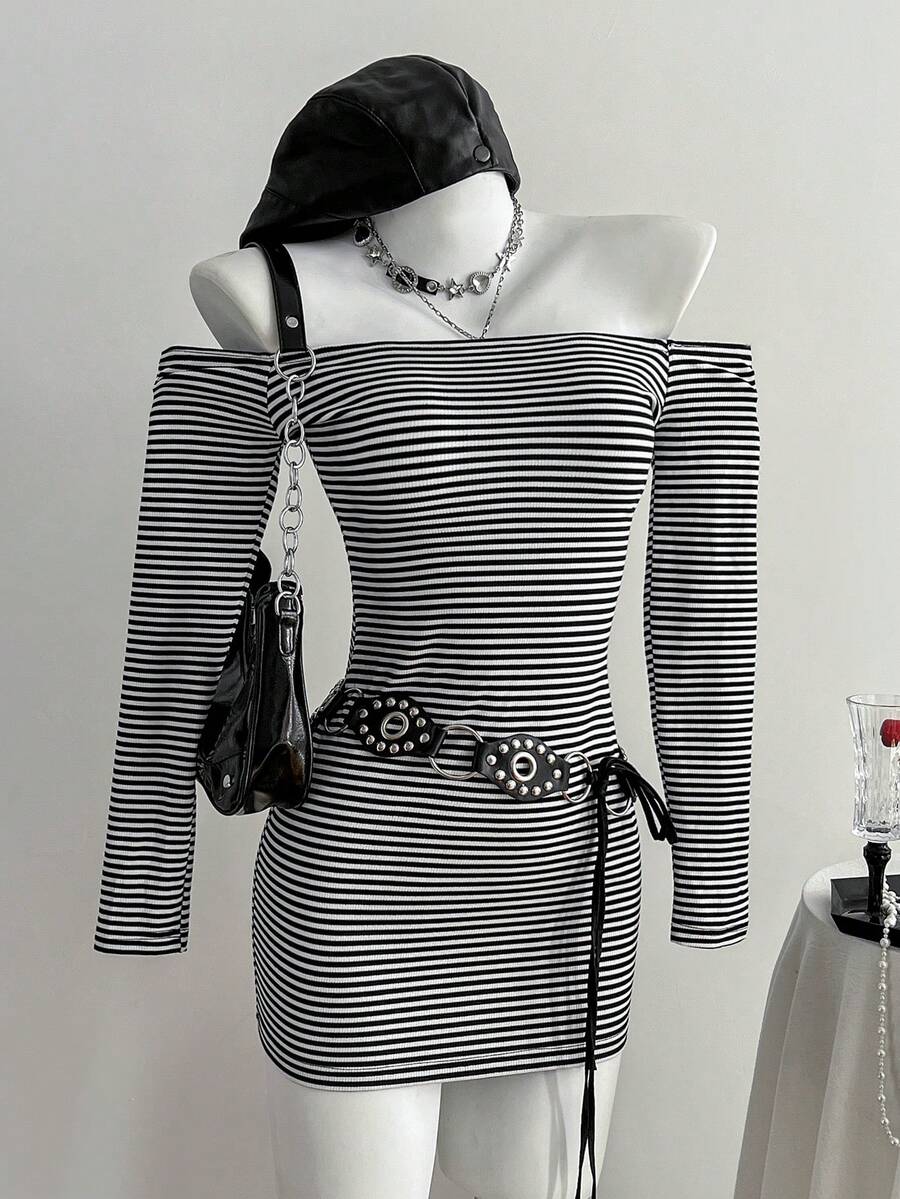SHEIN Unity Women's Autumn Black & White Striped Knit Ribbed Off Shoulder Long Sleeve Bodycon Mini Dress,Elegant Vintage Chic Outfit For Club Night, Wear - Black and White - View 1