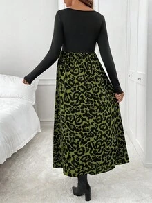 SHEIN Leopard Print Casual Minimalist Maternity Dress For Daily Wear Long Skirt With Slit Cheetah Print Outfit Women Animal Print Outfit Midi Skirt - Green - View 2