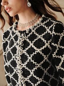 Anewsta Savoree 女士优雅手工珍珠装饰格子短外套，秋冬款 - 黑色 - 查看 8