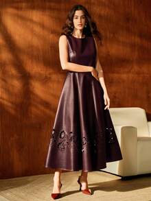 Anewsta Burgundy Elegant Floral Embroidered Lace Hollow Out Backless Waist Cinching Summer Evening Dress,Chic Dining Party Wedding Dress For Fall Winter - Brown - View 6