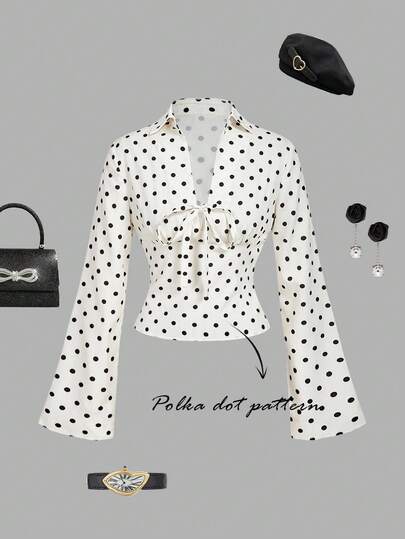 SHEIN MOD Vintage 70s Beige And Khaki Polka Dot Shirt With Bow, V-Collar, Long Sleeves – Retro Hippie, Holiday Wear, Bohemian, Y2K, Western And Nomadic Style, Back-To-School, Commuter, Halloween Costume Women, Old Money Women ,Retro For Women