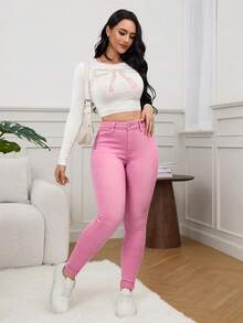 SHEIN EZwear 女士春季休闲高腰破洞紧身牛仔裤 - 粉色 - 查看 5