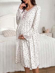 Moonlight&Mama 波点碎花V领孕妇睡裙，冬季 - 彩色 - 查看 6