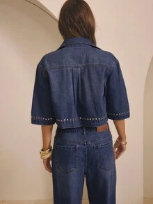 Aralina Camisa vaquera con detalles de tachuelas de manga corta para invierno/verano