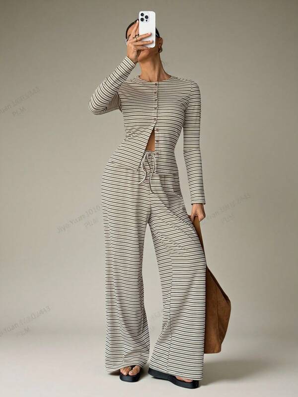 SHEIN Tall 2-częściowy damski, swobodny, pasiasty komplet z długim rękawem i szerokimi nogawkami, zapinany z przodu na guziki, jesień