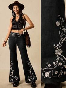 Easelle 花卉刺绣优雅女式喇叭裤 - 黑色 - 查看 1