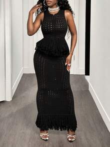 BamGleam Bộ 2 món áo và chân váy dệt kim khoét lỗ màu trơn có tua rua ở viền dành cho nữ. - màu đen - Xem 4