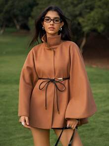 Chiquease 女士秋冬宽松蝙蝠袖棕色纯色腰带装饰收腰大衣上衣，宽松长袖时尚简约女式外套，适合日常穿着、上学、毕业典礼、复古街头风、通勤、休闲、运动、居家等场合。 - 棕色 - 查看 7