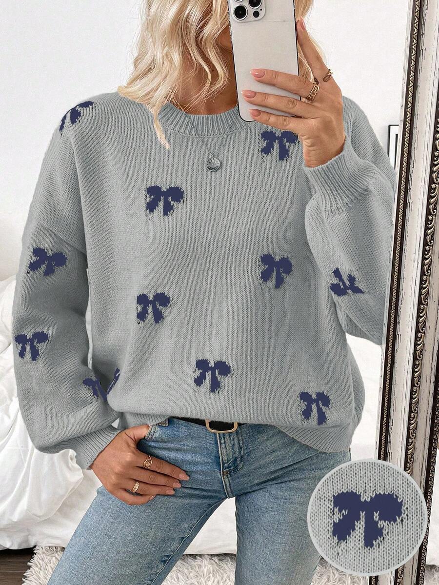 SHEIN LUNE 2025秋冬新款博主同款时尚设计青春休闲蝴蝶结套头毛衣 - 彩色 - 查看 1
