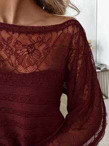 SHEIN Clasi Women's Lace Trim Patchwork Pullover Sweater/Winter - Burgundy - View 3