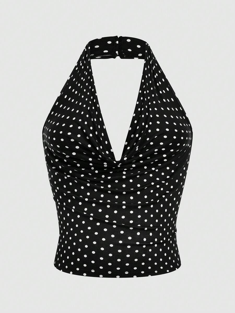 Sweetra Blusa de punto con cuello halter drapeado y espalda descubierta con estampado de lunares, para mujer de talla grande. Ideal para cumpleaños, salir, camisa linda de estilo Y2K, blusa envolvente.