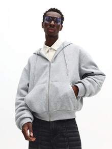 SUMWON 舒适的拉链连帽运动衫，配有抽绳和全拉链开合，适合日常休闲穿着 - 灰色 - 查看 4