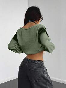 StreetHx New Contrast Color Graffiti Asymmetric Shoulder Casual Loose Sweater - Army Green - View 2