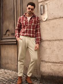 Manfinity VCAY Camisa casual de hombre de bolsillo de manga larga con un solo abotonado a cuadros