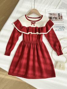 SHEIN 女童可爱手工蝴蝶结针织连衣裙，小女孩休闲公主裙，长袖童装，秋冬新品，百搭，适合返校季 - 紅色 - 查看 8
