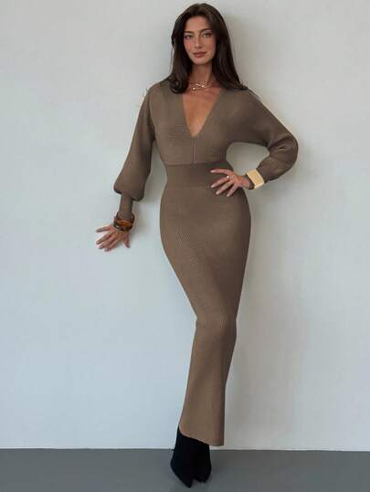 Aloruh Elegant Deep V-Neck Fitted Waist Long Sweater Dress, Casual Commuter Style, Autumn/Winter