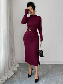 Elenzga Đầm ôm sát tay dài cổ lọ nhún bèo cho nữ - Màu Đỏ Sâu - Xem 6