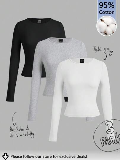 Tseoso 3pcs Women Casual Tight Fit Long Sleeve T-Shirt Set