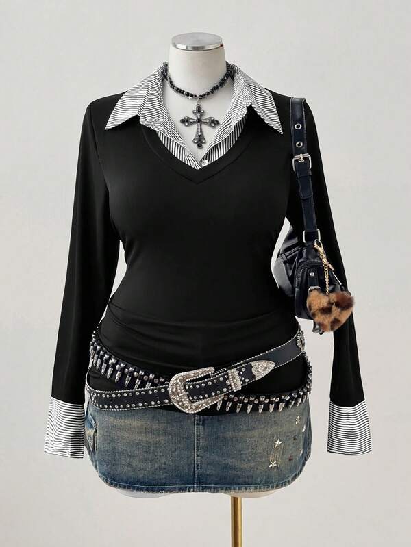 Sunspun Plus Size Women Casual Fitted Striped Knit Shirt, Suitable For Autumn