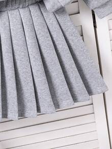 SHEIN Tween Girl Letter Print Long Sleeve Shawl Collar Sweatshirt And Pleated Mini Skirt Casual 2-Piece Set, Autumn - Multicolor - View 7