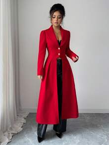 Rafferiza 女士优雅复古收腰前开衩 A 字长款大衣，秋冬 - 紅色 - 查看 5