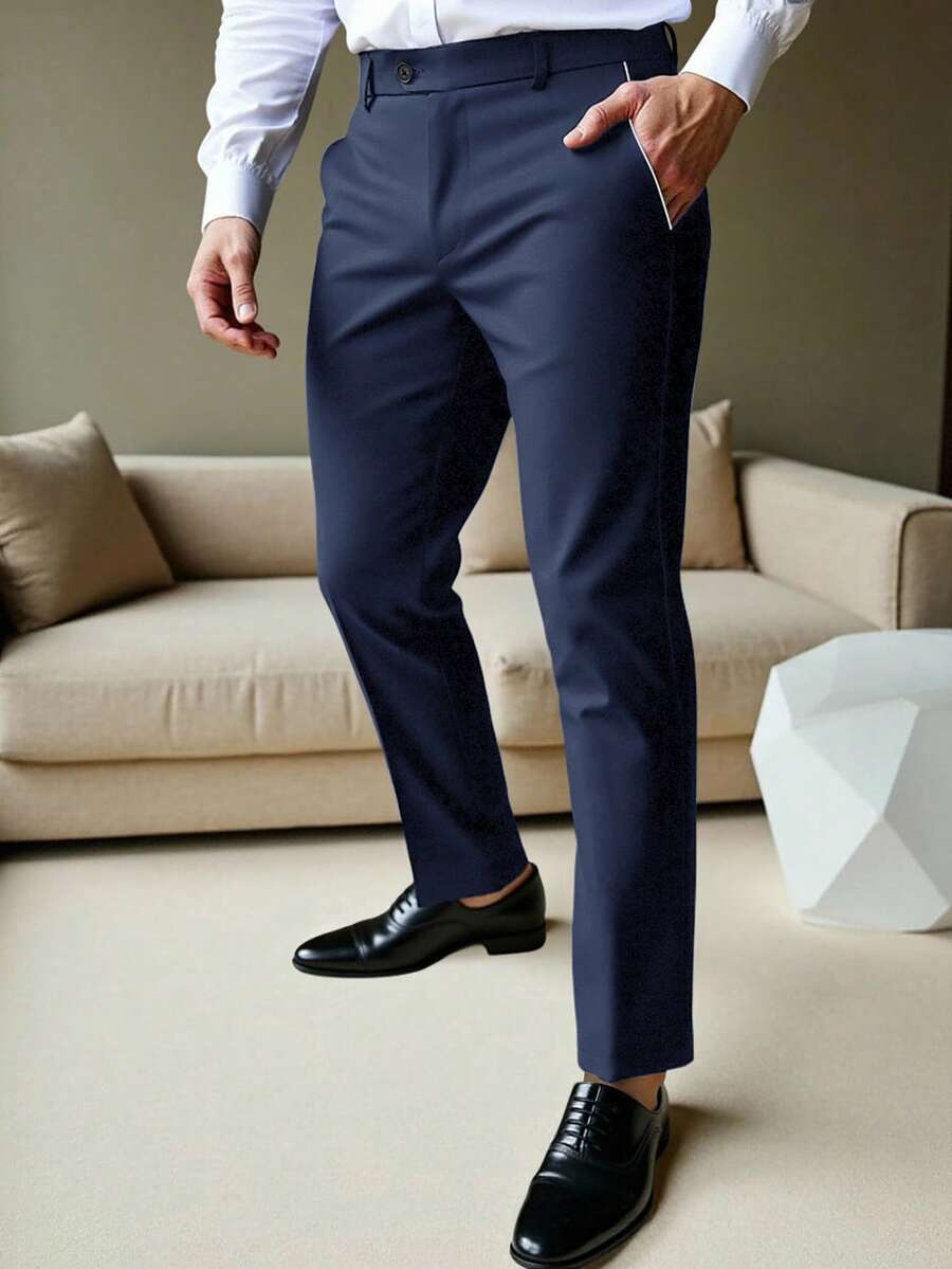 Calvornis 男士商务休闲西装裤,口袋设计,送给男朋友或老公的完美礼物。男士纯色休闲锥形西装裤,男士黑色修身正装裤,独特男士黑色正装裤,男士长裤 - 藏蓝色 - 查看 1