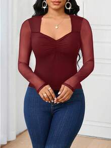 SHEIN Lady Camiseta feminina de cor sólida com gola coração, ombros regulares, manga longa e franzido, modelagem slim, versátil e moderna. Blusa vermelha, blusa de Natal em tela vermelha, blusa vinho. Blusas vermelhas para mulheres. - Borgonha - Ver 4