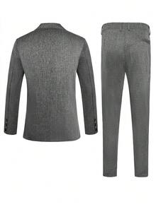 Manfinity Mode 男士纯色直领时尚商务西装套装，男士西装外套和裤子，男士休闲西装，男士灰色办公套装 - 深灰色 - 查看 2