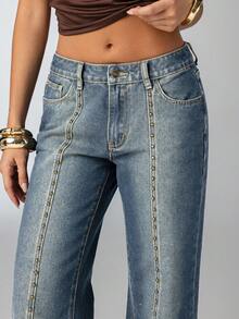 Aloruh 女式高腰铆钉水洗复古时尚直筒牛仔裤 - 中等水洗藍 - 查看 6