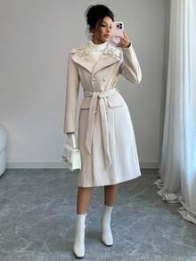 Elenzga Abrigo elegante de doble botonadura con cinturón, manga larga, cuello con solapa y decoración de aplicaciones para mujer, para otoño/invierno