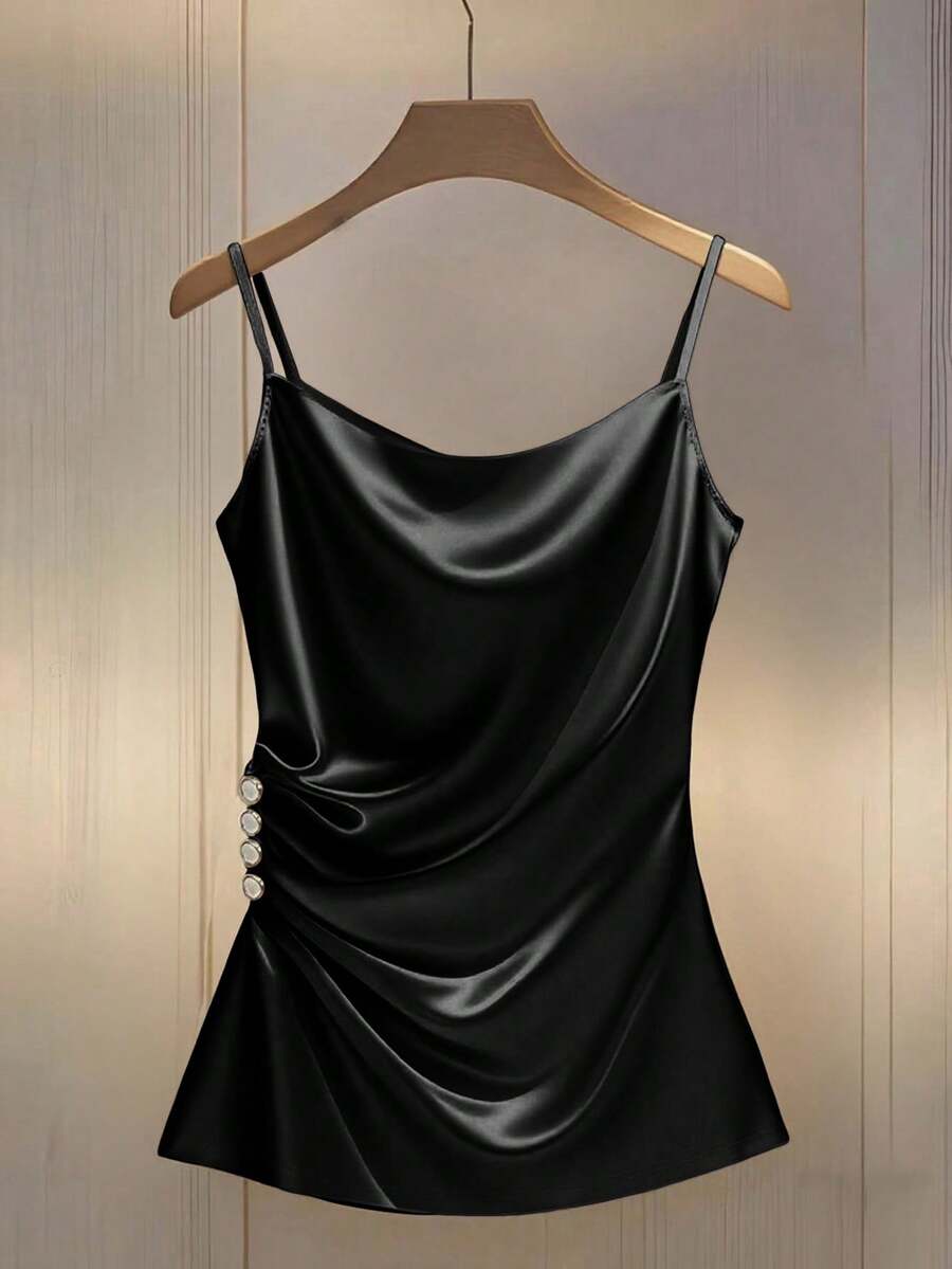 Franclia Sexy Fitted Plunging Neck Camisole With Side Ruched Decor Buttons, Fashionable For Women - Black - View 1