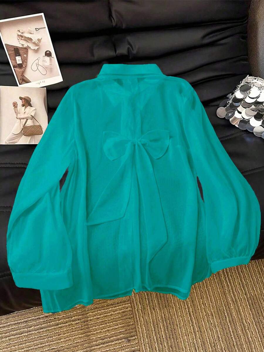 SHEIN Clasi Casual White Sheer Blouse With Bowknot