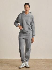 INAWLY Solva 2 chiếc áo hoodie và quần nỉ trơn màu có túi dành cho nữ trang phục thường ngày - Xám - Xem 3